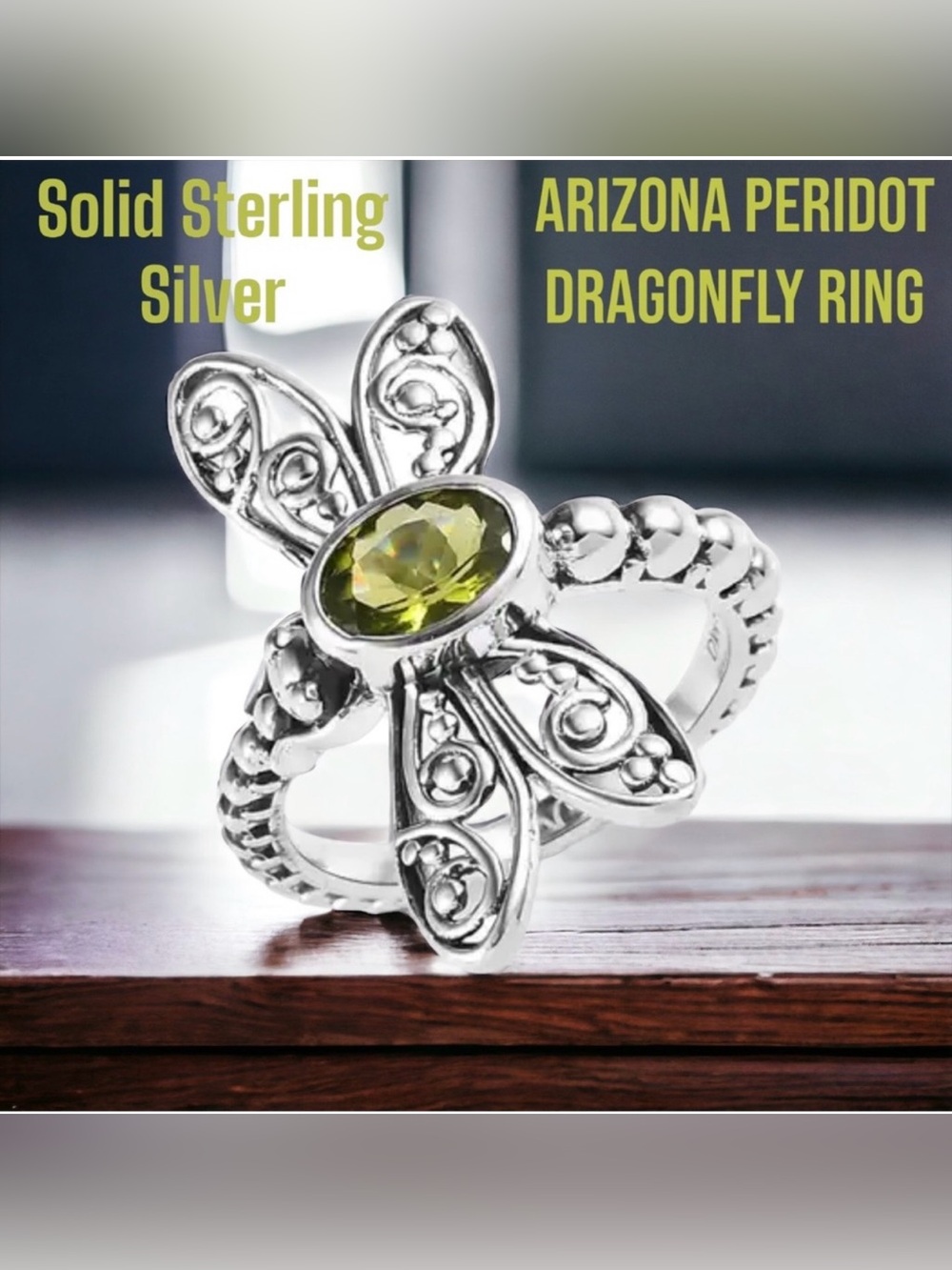 SS#15 Arizona Peridot Dragonfly Ring In Solid Sterling Silver Size 8.75 NWOT